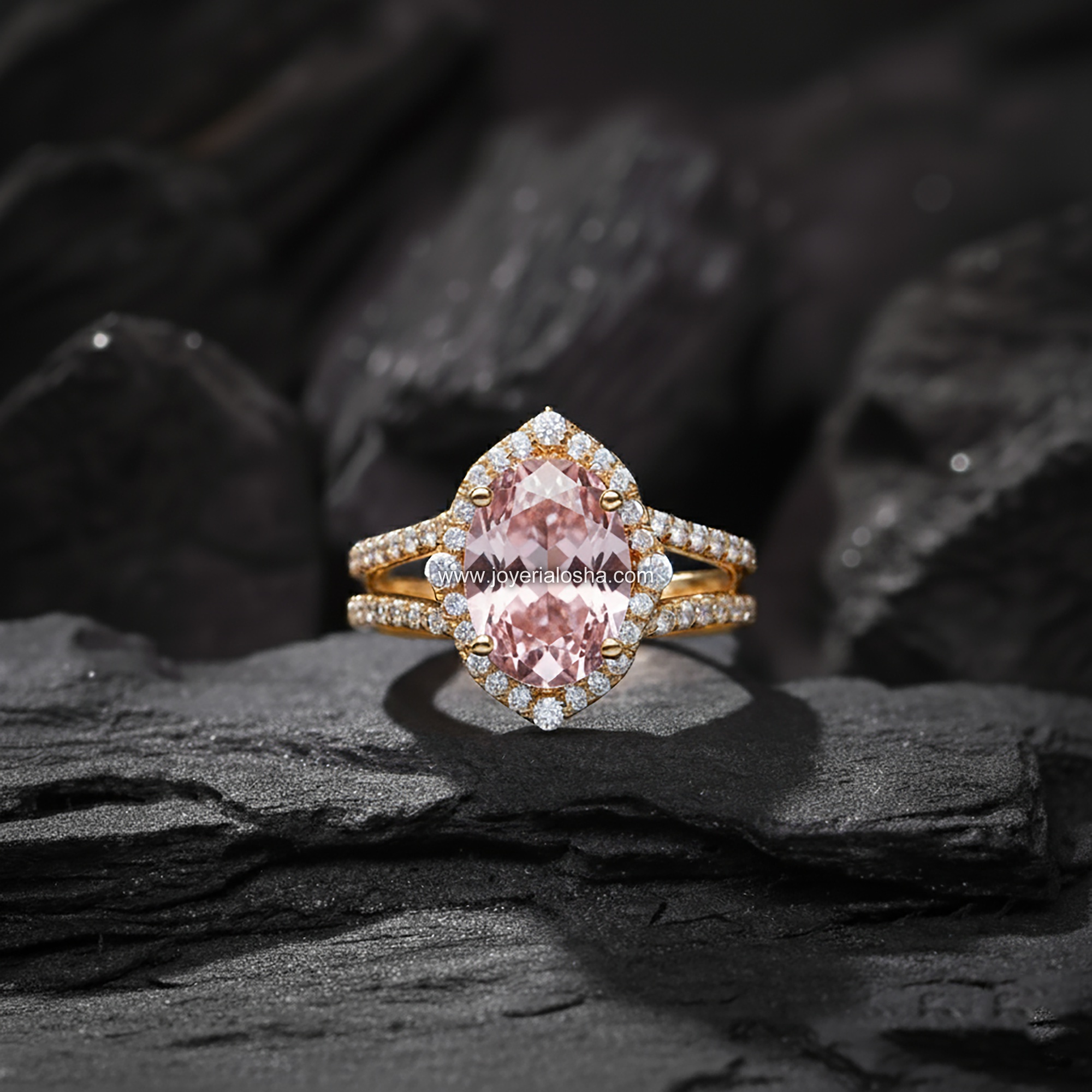 Anillo Halo "Marquesa Rosa" Doble Banda Pavé Oro 18k