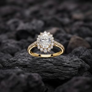Anillo Ovalado «Halo Floral Cluster» Banda Pavé Oro 18k