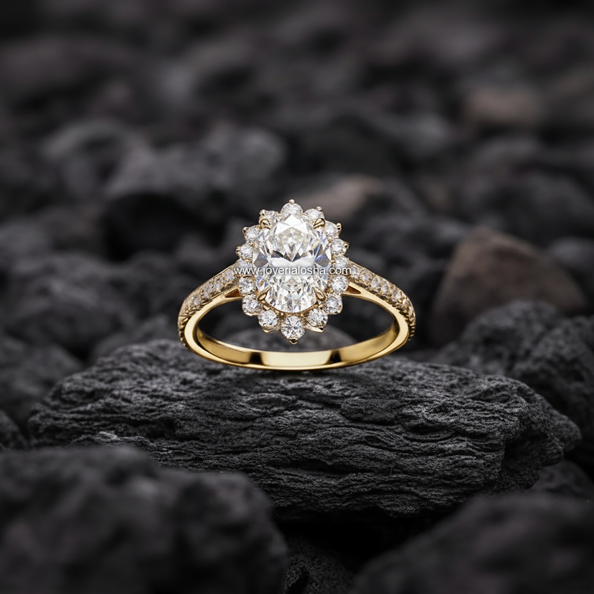 Anillo Ovalado "Halo Floral Cluster" Banda Pavé Oro 18k