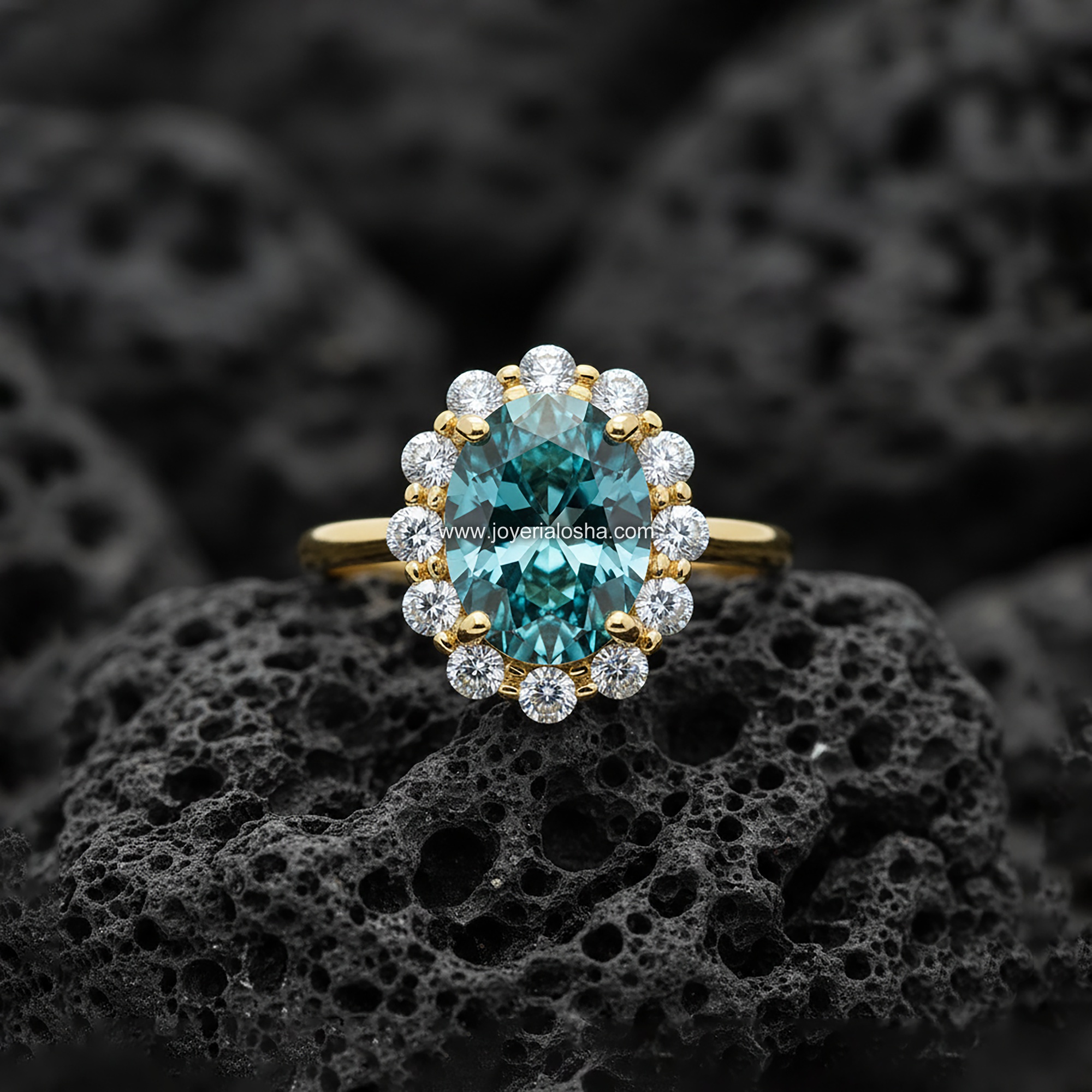 Anillo Ovalado "Halo Roseta Turquesa Intenso" Oro 18k