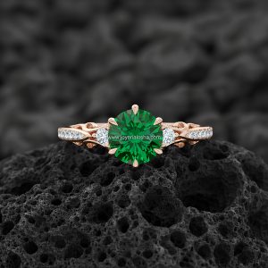 Anillo Solitario «Esmeralda Redondo Botánico Pavé» Oro Rosa