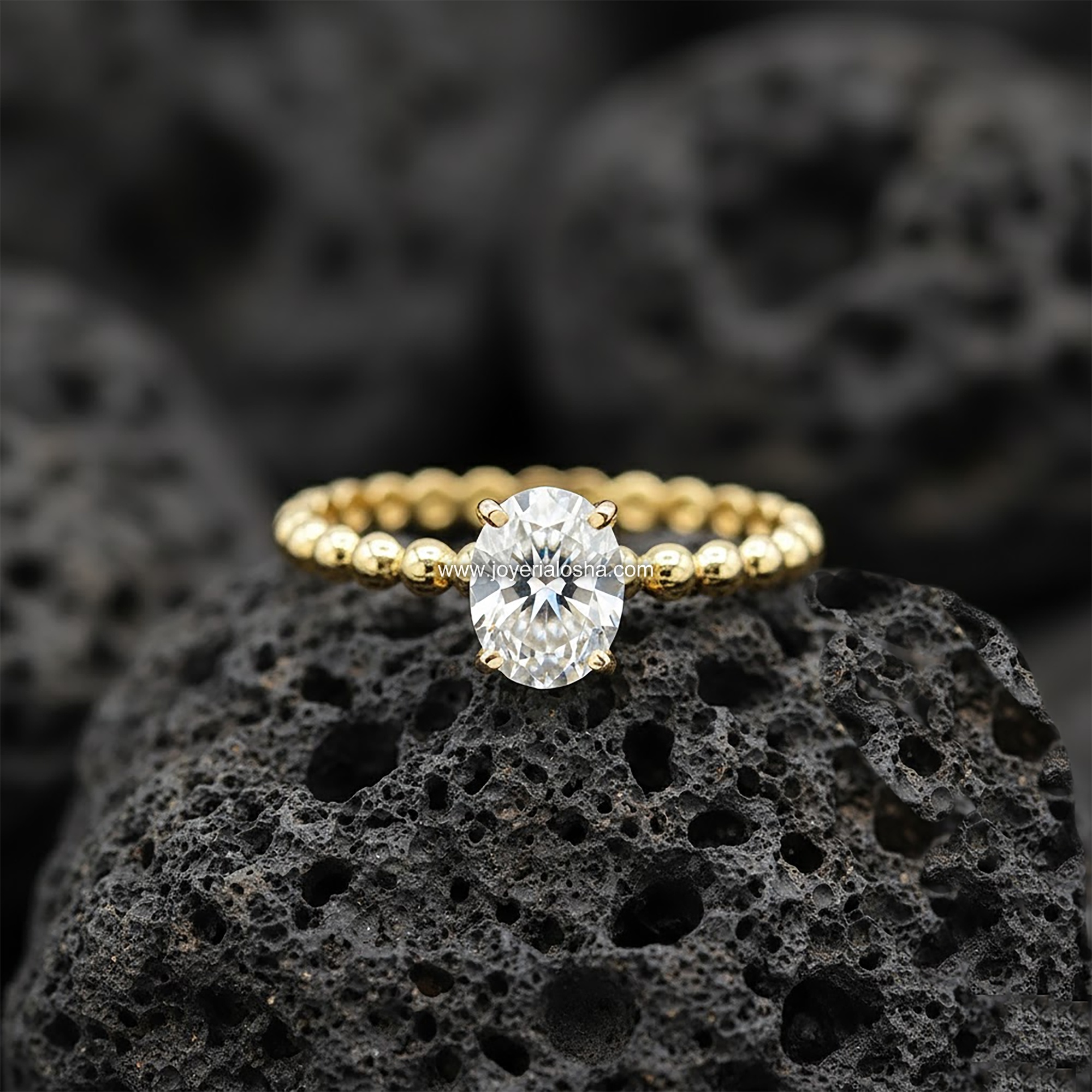 Anillo Solitario Ovalado "Banda de Burbujas" Oro 18k