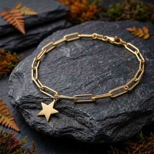 Pulsera Eslabón Rectangular con Estrella de Oro 18k