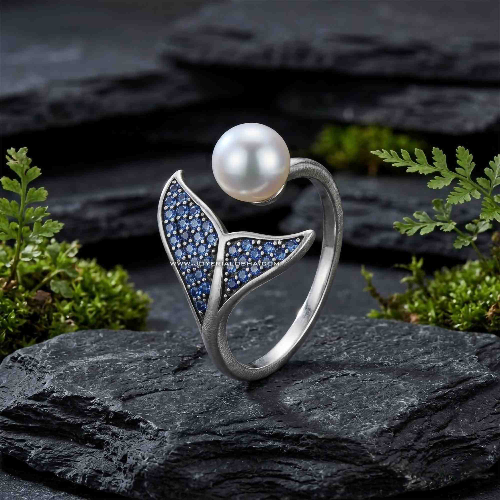 Anillo Cola de Sirena "Océano Real" con Perla y Zafiros