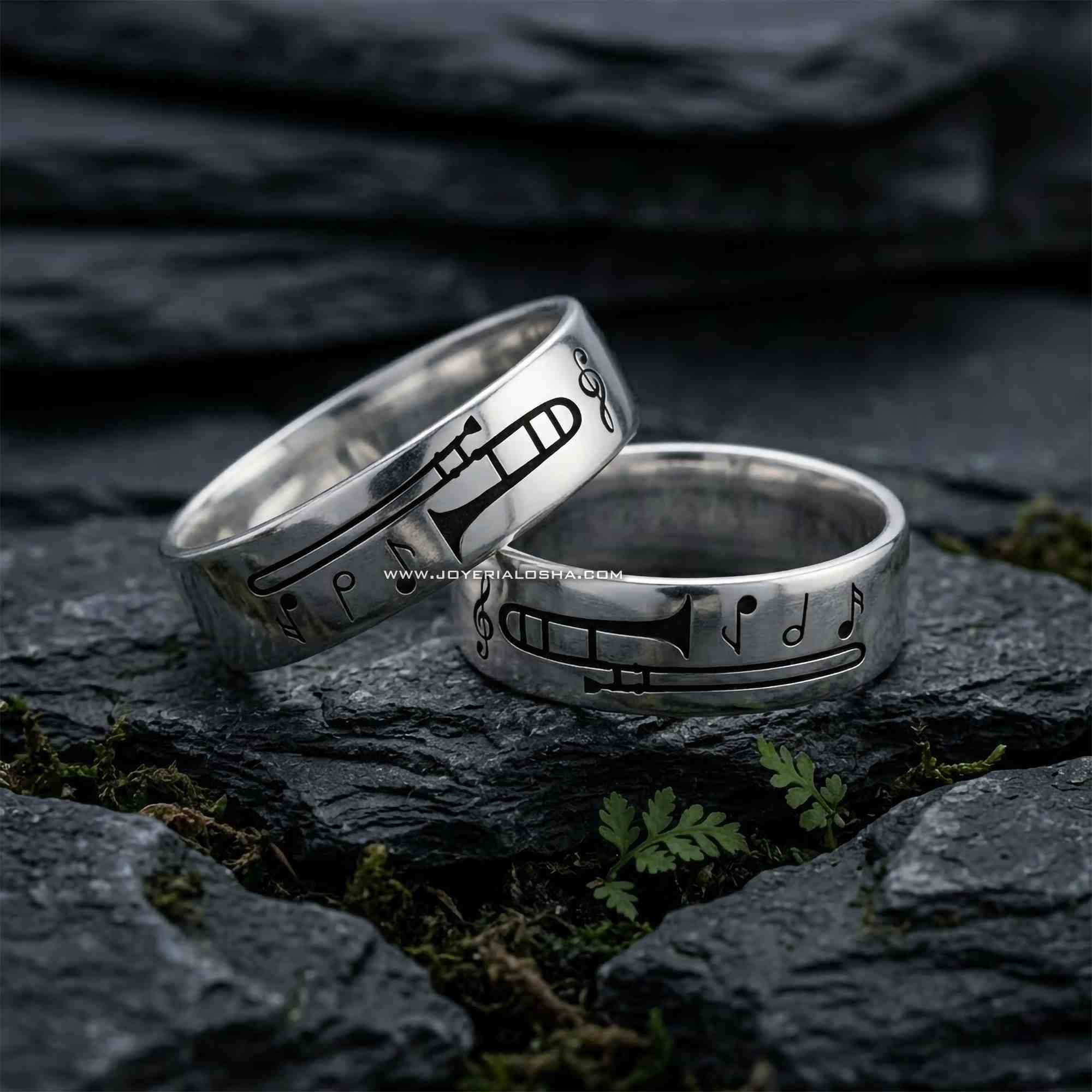 Aros de Matrimonio "Armonía Perfecta" con Trombón y Notas Musicales
