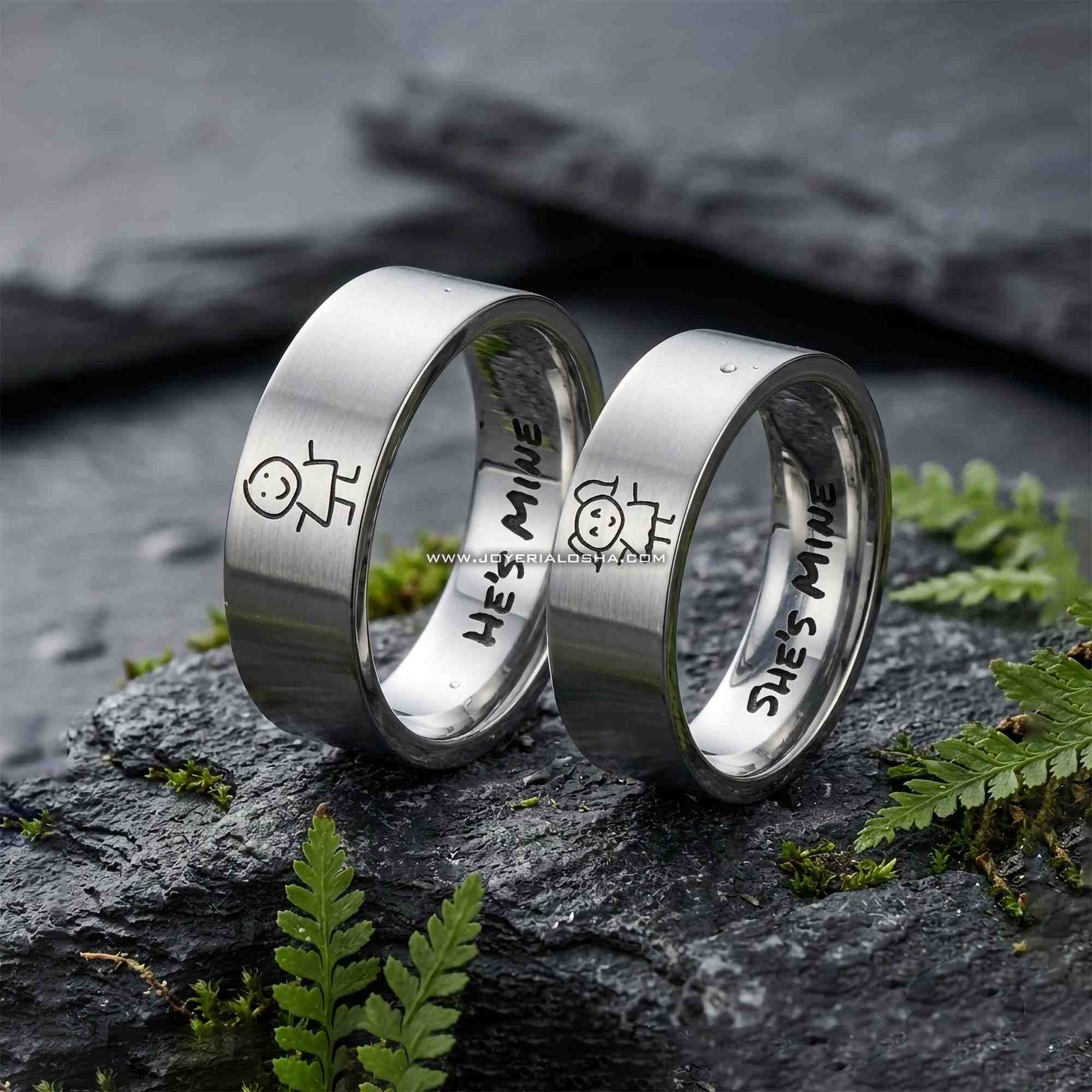 Aros de Matrimonio "Mío y Mía" con Personajes Minimalistas